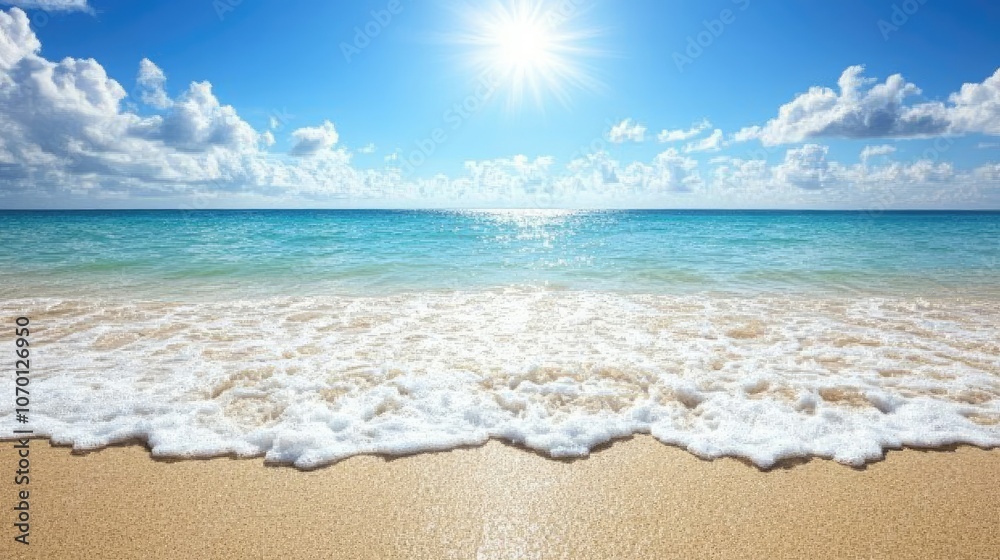 Vast stretch of sandy beach with waves rolling in under the bright sun, no people, just nature. Vast stretch of sandy beach with waves rolling in under the bright sun, no people, just nature.