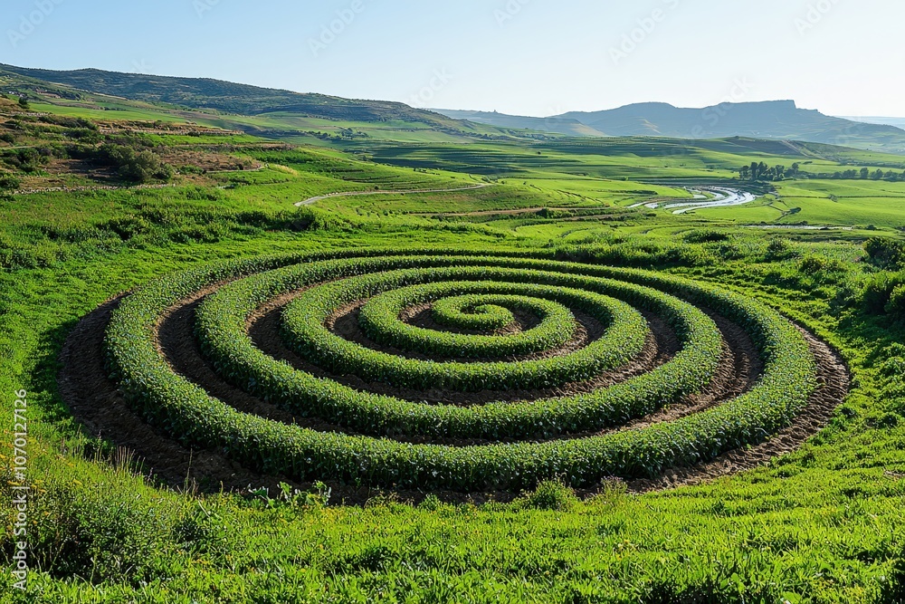 Spiral crop formation in vibrant green fields with rolling hills and river Spiral crop formation in vibrant green fields with rolling hills and river