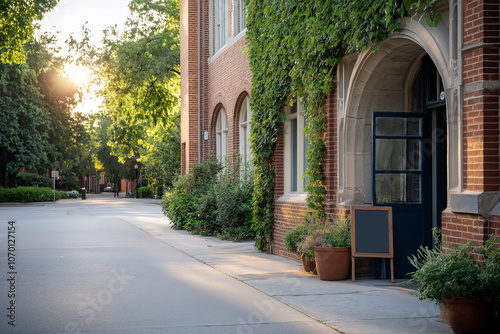 Ivy-Covered College Building Entrance with Empty Walkway in Morning Sunlight on University Campus.