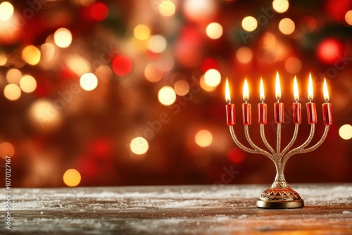 Menorah by Snowy Window with Christmas Decor photo