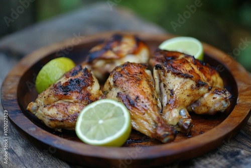 Spatchcocked Chicken Roasted on Wooden Plate with Lime and Lemon, Selective Focus photo