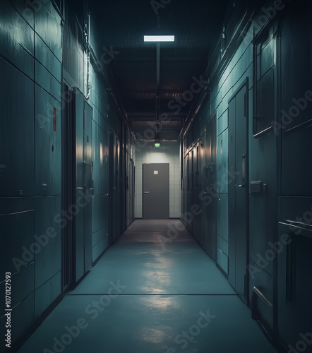 Long industrial prison hallway with cold steel doors and stark lighting, giving a sense of confinement and isolation.