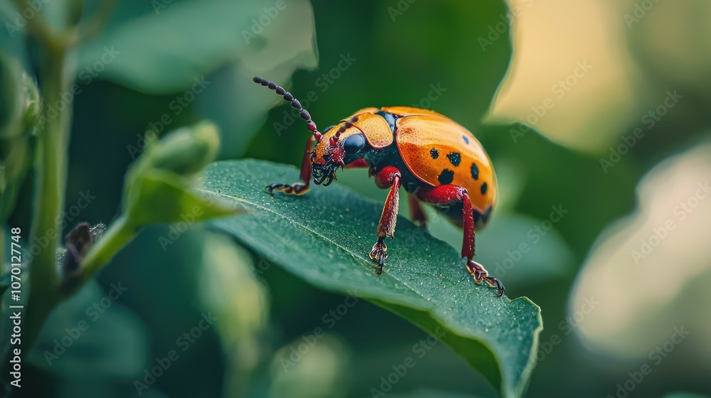 Fototapeta premium A close-up of a colorful ladybug beetle perched on a green leaf.