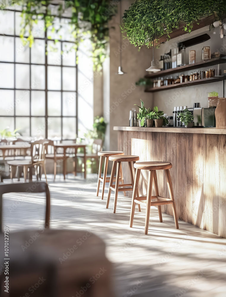 Naklejka premium An inviting cafe interior with a rustic wooden counter, lush plants, and natural light pouring in through large windows, creating a warm, tranquil setting.