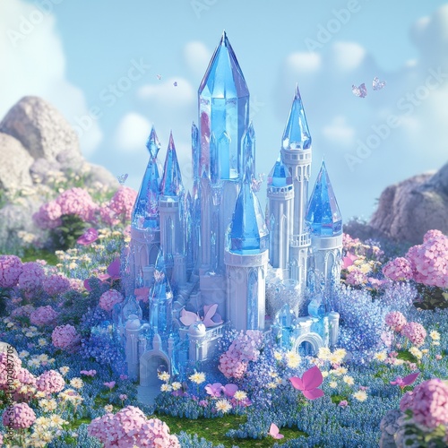 Crystal Castle in White. 3D Cute Illustration of a Fairy Tale Fortress in Flower Garden