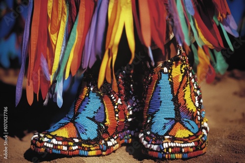 Native American Dancer: Ribbon Shawl, Butterfly Mocassins and Colourful Beadwork photo