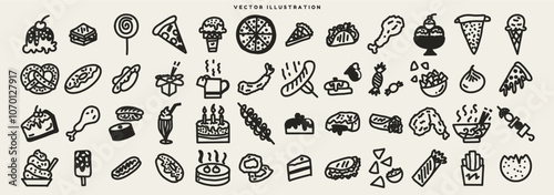 Hand drawn doodle fast food illustrations. Cartoon Restaurant icon sets. Meat, chicken, pastry, dessert, Asian, dimsum, pizza, ice cream, donut, cake, fried food, chips, taco, kebab, sushi. Vector.