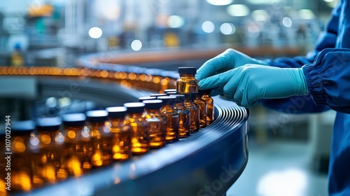 Industrial assembly line process showcasing amber glass bottles moving in an organized fashion symbolizing efficiency and quality control in a factory.