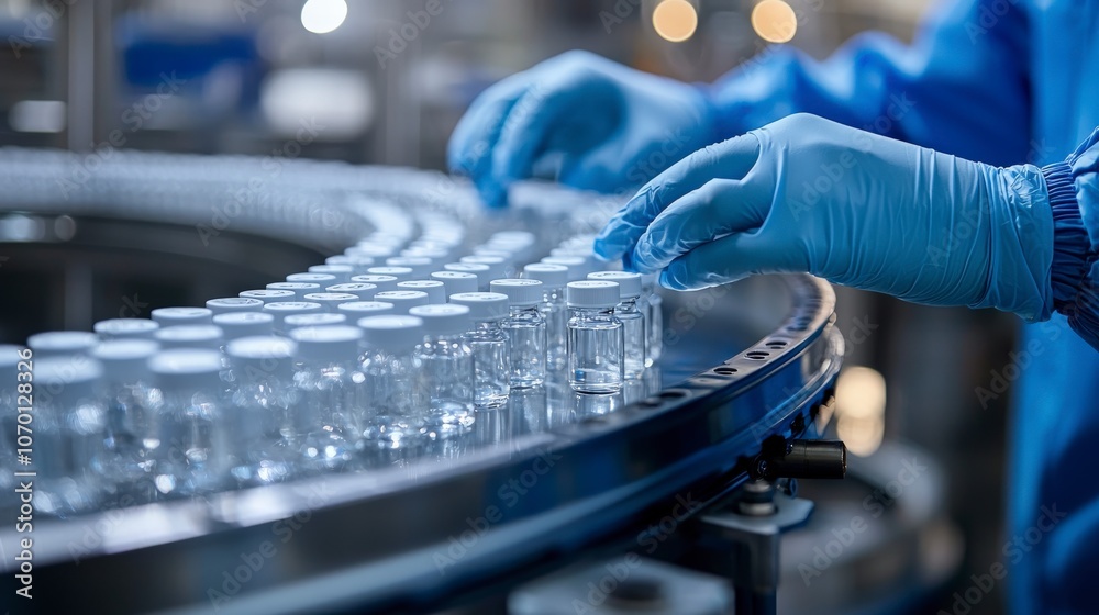 A rotating conveyor transports clear vials in a cleanroom setting, demonstrating organization and cleanliness in a modern pharmaceutical production environment. A rotating conveyor transports clear vials in a cleanroom setting, demonstrating organization and cleanliness in a modern pharmaceutical production environment.