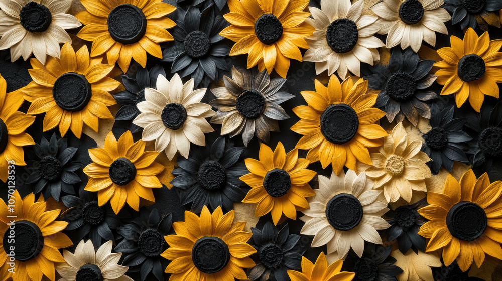 Vibrant geometric sunflower shapes in black, yellow, and white tones Vibrant geometric sunflower shapes in black, yellow, and white tones
