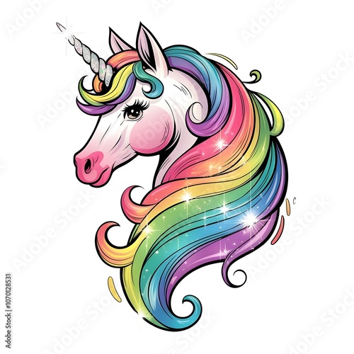 cartoon drawing of a unicorn filled with vibrant rainbow colors.  photo