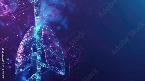An abstract blue and purple DNA molecule helix and human lungs are considered as a genetic biotechnology engineering concept. Low poly futuristic digital style background. Wireframe structure.