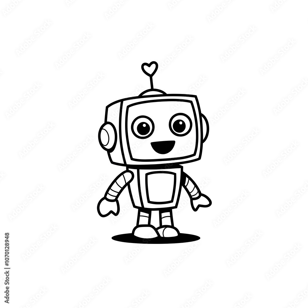 cartoon illustration of a small, boxy robot with round eyes, a smiley face cartoon illustration of a small, boxy robot with round eyes, a smiley face