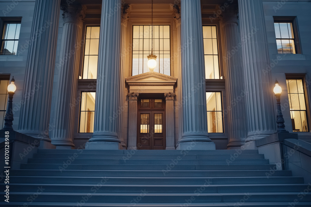 Obraz premium Majestic Government Building with Illuminated Entrance and Grand Staircase at Dusk.