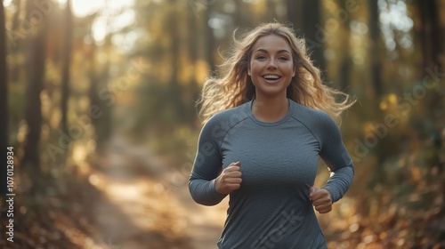 A cheerful woman runs along a peaceful forest path, surrounded by trees, as sunlight filters through the leaves, highlighting her joyful expression and active lifestyle