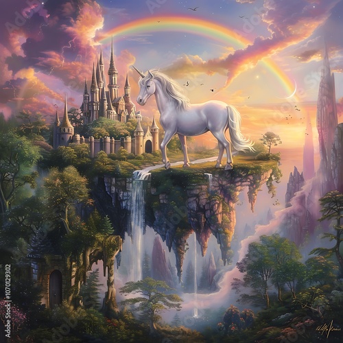 Dreamy Castle and Unicorn in Mystical Forest Image