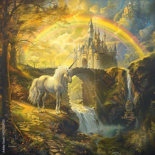 Fantasy Landscape with Unicorn and Magical Castle Image