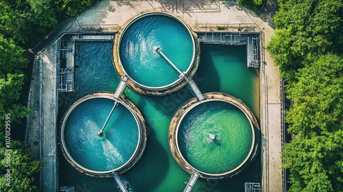 Aerial View of Circular Water Treatment Tanks in Lush Green Surroundings 