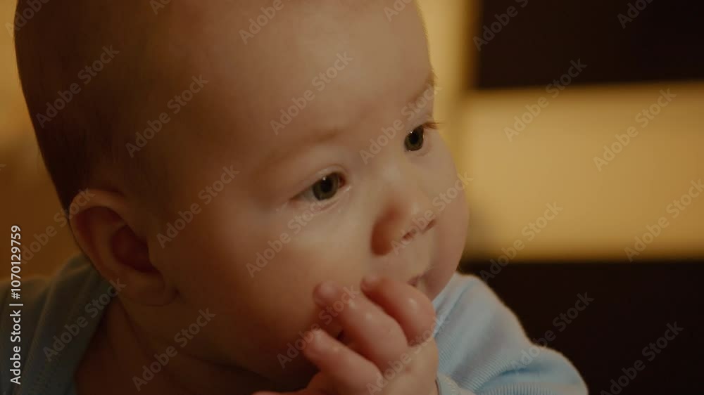 Baby teeth are teething of a child in first year of life common problem. Little baby with finger in mouth on a bed. Childcare and childhood content. Baby teeth are teething of a child in first year of life common problem. Little baby with finger in mouth on a bed. Childcare and childhood content.