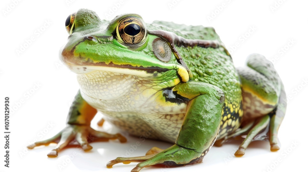 A closeup of a green frog isolated on a white background A closeup of a green frog isolated on a white background