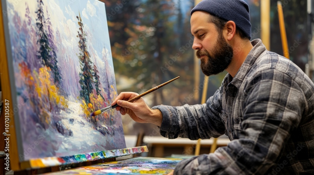Dedicated artist skillfully blending vibrant colors on a canvas with a soft brush, showcasing the intricate techniques behind detailed artistic creations Dedicated artist skillfully blending vibrant colors on a canvas with a soft brush, showcasing the intricate techniques behind detailed artistic creations
