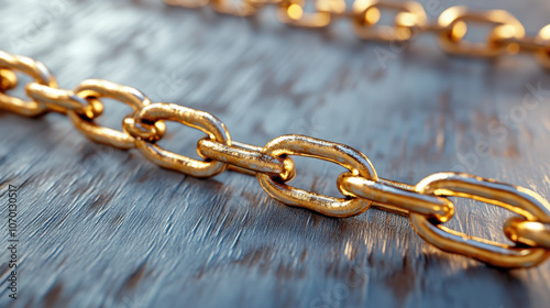 close up of shiny gold chain on textured metallic surface, showcasing its intricate links and polished finish. chain reflective quality adds touch of elegance photo