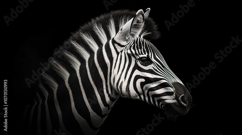 A zebra's head and neck are isolated against a black background. The zebra has distinctive black and white stripes and its head is turned to the side.