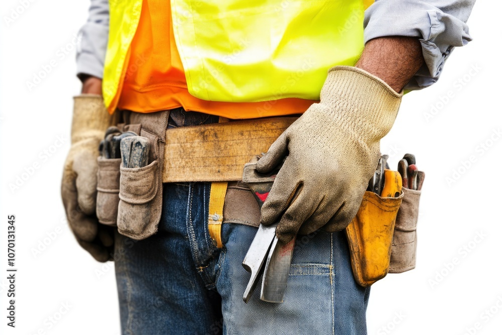 Close up of a construction worker's tool belt and gloved hand. Close up of a construction worker's tool belt and gloved hand.
