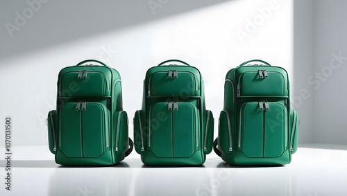 Three stylish backpacks in green colors against white backdrop. School backpack with copy space. photo