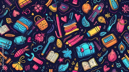 Back to school doodle seamless pattern. Hand drawn background with school supplies and creative elements
