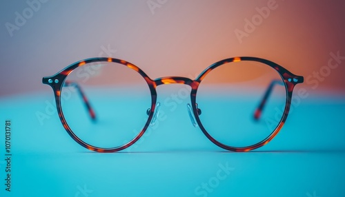 Stylish round tortoiseshell glasses on a soft blue background during bright lighting