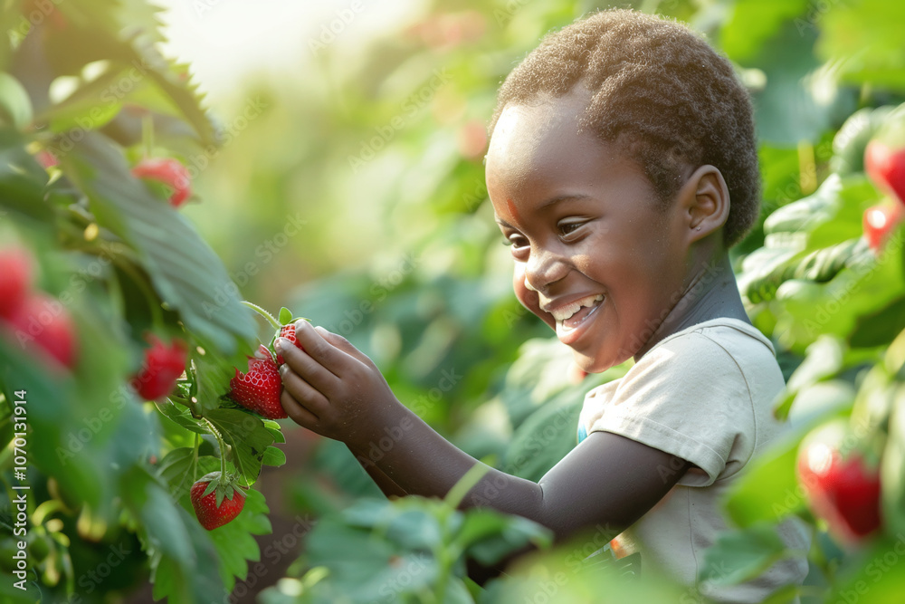 Kid picking red berries in the strawberry field