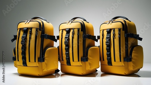 Three stylish backpacks in yellow colors against white backdrop. School backpack with copy space. photo