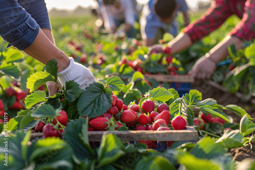 Farm workers harvest juicy berries by hand