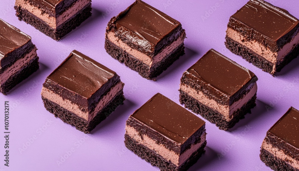 A visually appealing arrangement of chocolate layered desserts on a purple background, highlighting their rich, indulgent texture. A visually appealing arrangement of chocolate layered desserts on a purple background, highlighting their rich, indulgent texture.