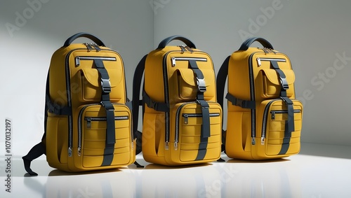 Three stylish backpacks in yellow colors against white backdrop. School backpack with copy space. photo