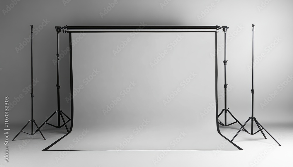 Empty studio backdrop setup for photography with seamless paper and lighting stands in view Empty studio backdrop setup for photography with seamless paper and lighting stands in view