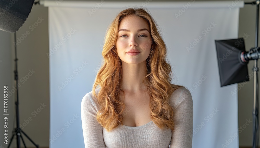 Young woman with long wavy hair poses confidently in a studio setting during a photoshoot Young woman with long wavy hair poses confidently in a studio setting during a photoshoot