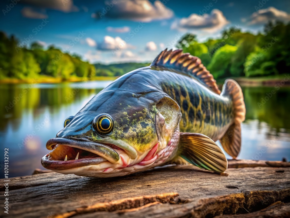Captivating Product Photography of a Northern Snakehead Fish Caught in Virginia's Scenic Waters, Showcasing Its Distinctive Features and Natural Habitat in Detail Captivating Product Photography of a Northern Snakehead Fish Caught in Virginia's Scenic Waters, Showcasing Its Distinctive Features and Natural Habitat in Detail