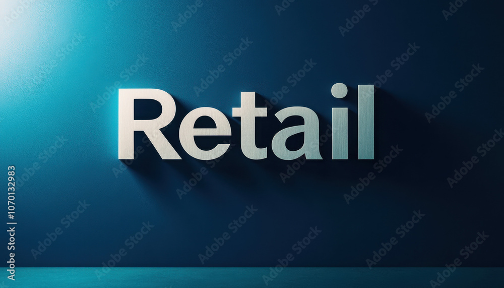 Sleek 3D 'Retail' sign on a smooth blue background with soft lighting creating gentle shadows, conveying a modern and professional atmosphere.