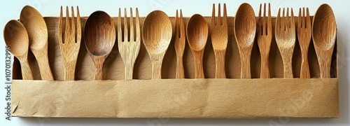 Assortment of wooden utensils displayed in a simple paper holder on a neutral background