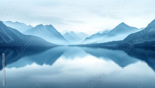 Tranquil morning over misty mountains and calm lake in serene landscape at dawn