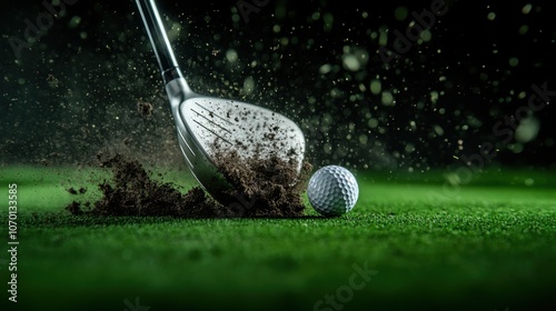 Capture the perfect moment closeup of a golf club striking a ball and dirt on the green for ultimate sports photography