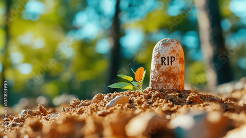 small tombstone marked RIP stands in freshly dug soil, surrounded by serene forest setting. single green plant grows nearby, symbolizing life amidst solemnity photo