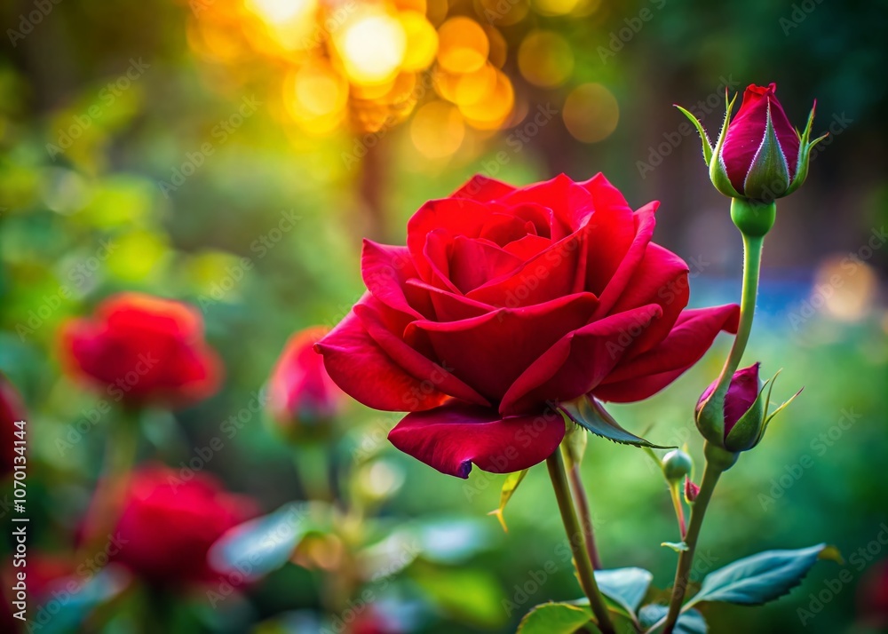 Obraz premium Captivating Silhouette of Red Rose Blooms in a Summer Garden with Close-up Details of Buds and Petals Against a Backdrop of Soft Light and Nature's Beauty