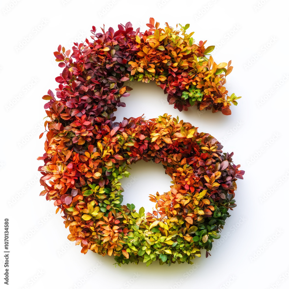 Number 6 made of fall leaves, flowers. berries. Vibrant autumn colours. White clean background. Generative AI Number 6 made of fall leaves, flowers. berries. Vibrant autumn colours. White clean background. Generative AI