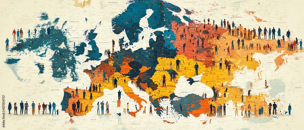 Fototapeta premium A colorful map of Europe with people standing across different countries, symbolizing diversity, travel, and connection, in an engaging and dynamic design
