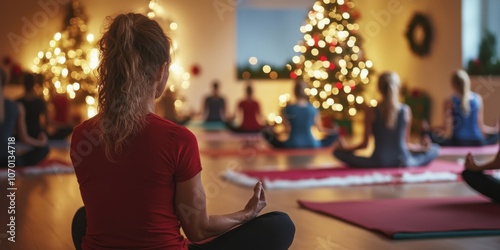 Medium shot of a holiday yoga class in session, with participants using Christmas-themed yoga mats in a festive atmosphere. photo