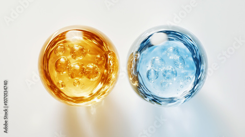 Cosmetic molecules, glass bubbles, purple, cosmetic moisturizing water molecules, Cosmetic essence, liquid oil foam, glass texture, 3D rendering