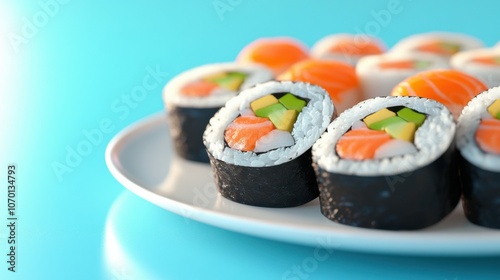 3D rendering of a plate of colorful sushi rolls in close-up, set against a vibrant blue background. Clean presentation with ample white space for emphasis.